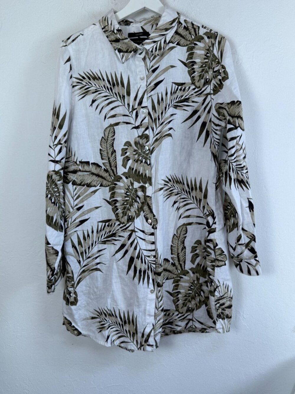 Tahari Womens Linen Shirt Blouse Tunic Olive White Palm Tropical Leaf Top Large